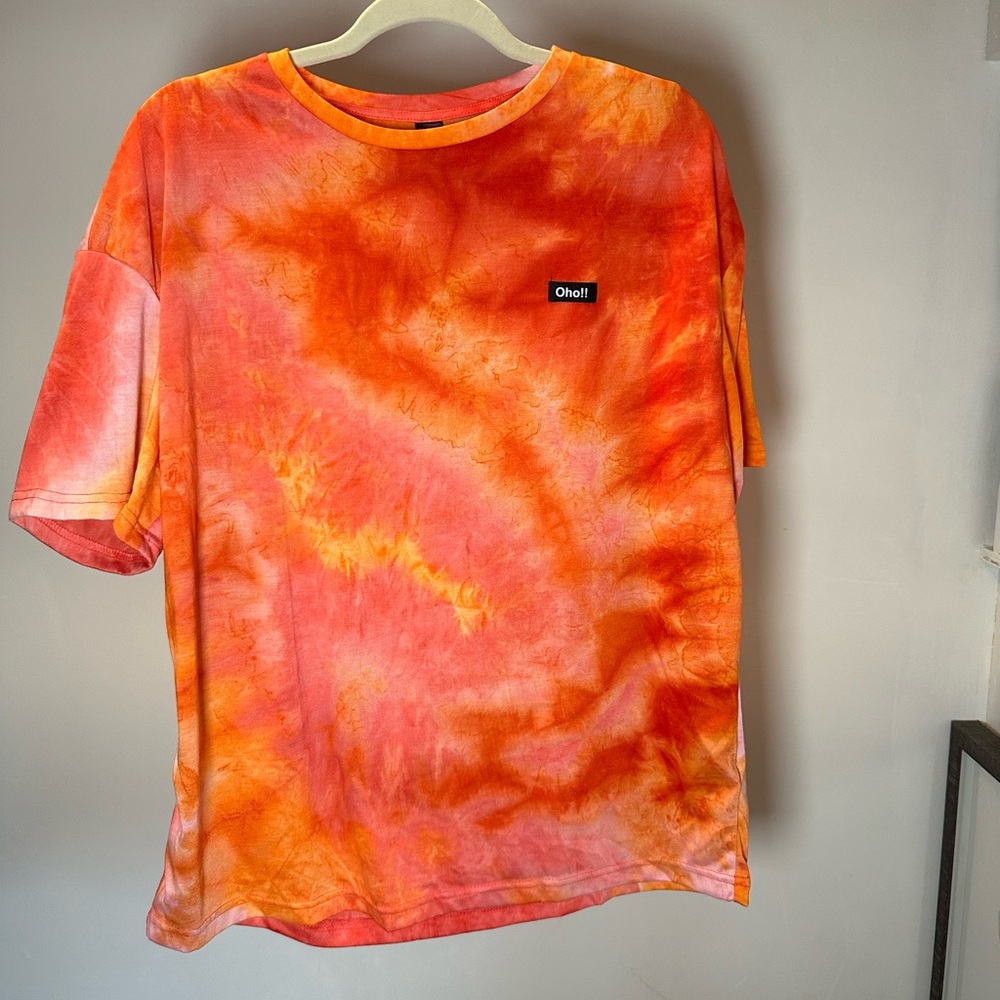 SHEIN Men's Orange and Pink Tie-Dye Short Sleeve Tee